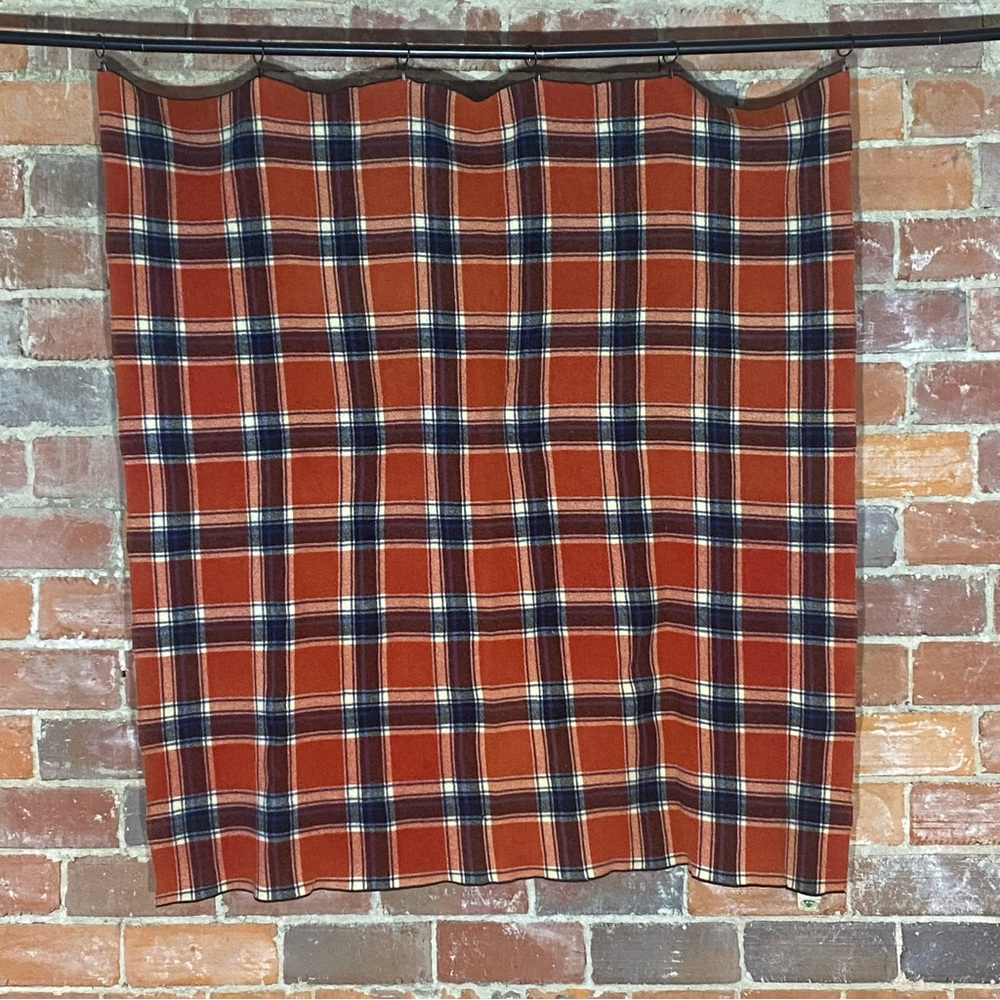 Vintage Faribo Red Navy Plaid Wool Blanket 57” x 61” Stadium Throw